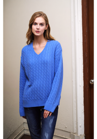 Blue V-Neck Cable Knit Jumper