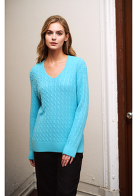 Turquoise V-Neck Cable Knit Jumper