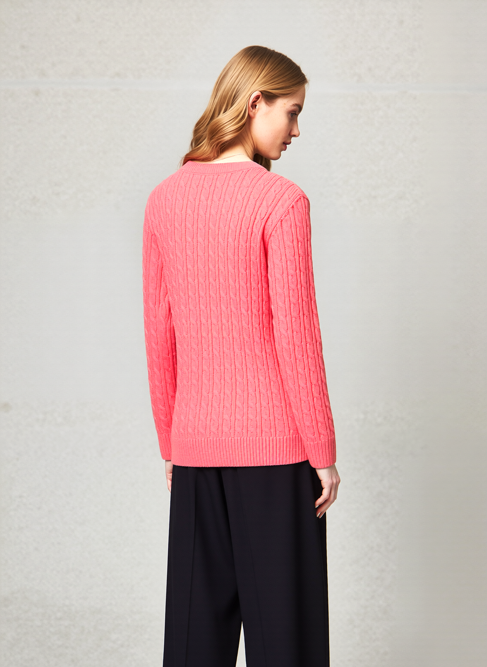 Coral Round Neck Cable Knit Jumper