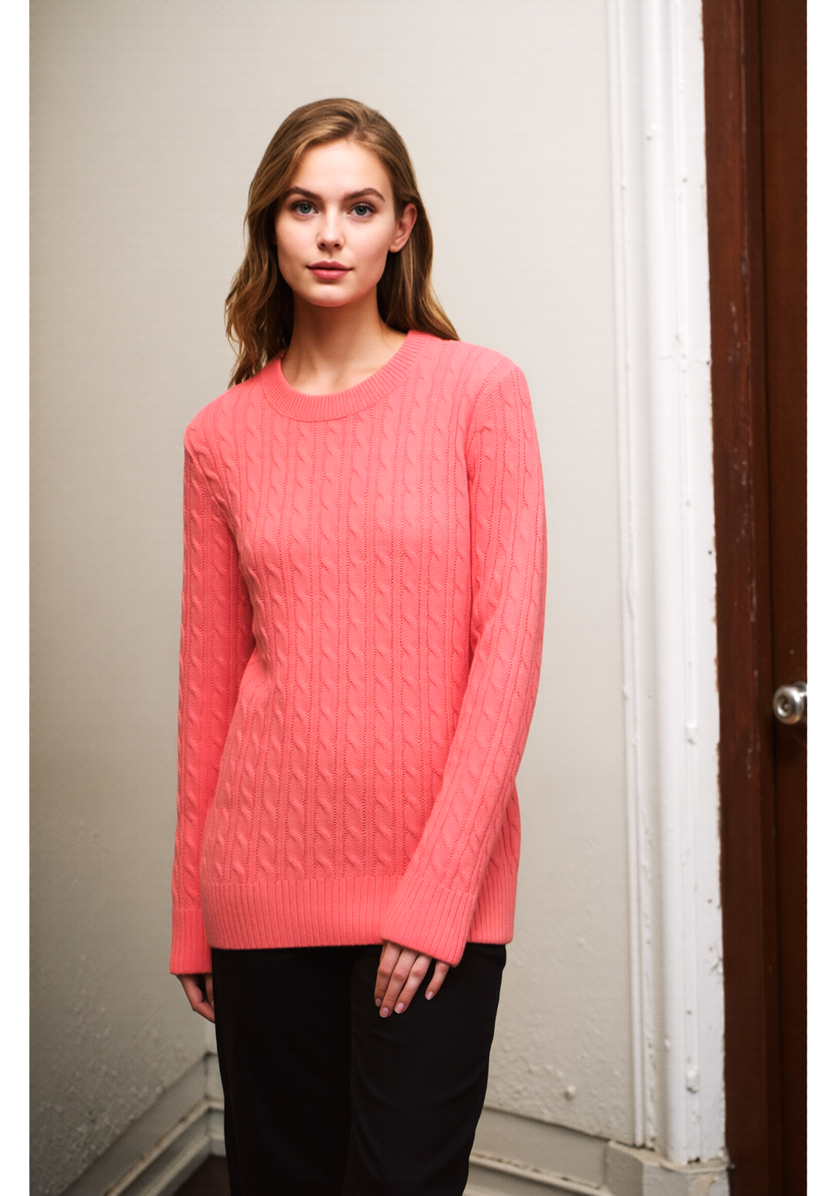 Coral Round Neck Cable Knit Jumper