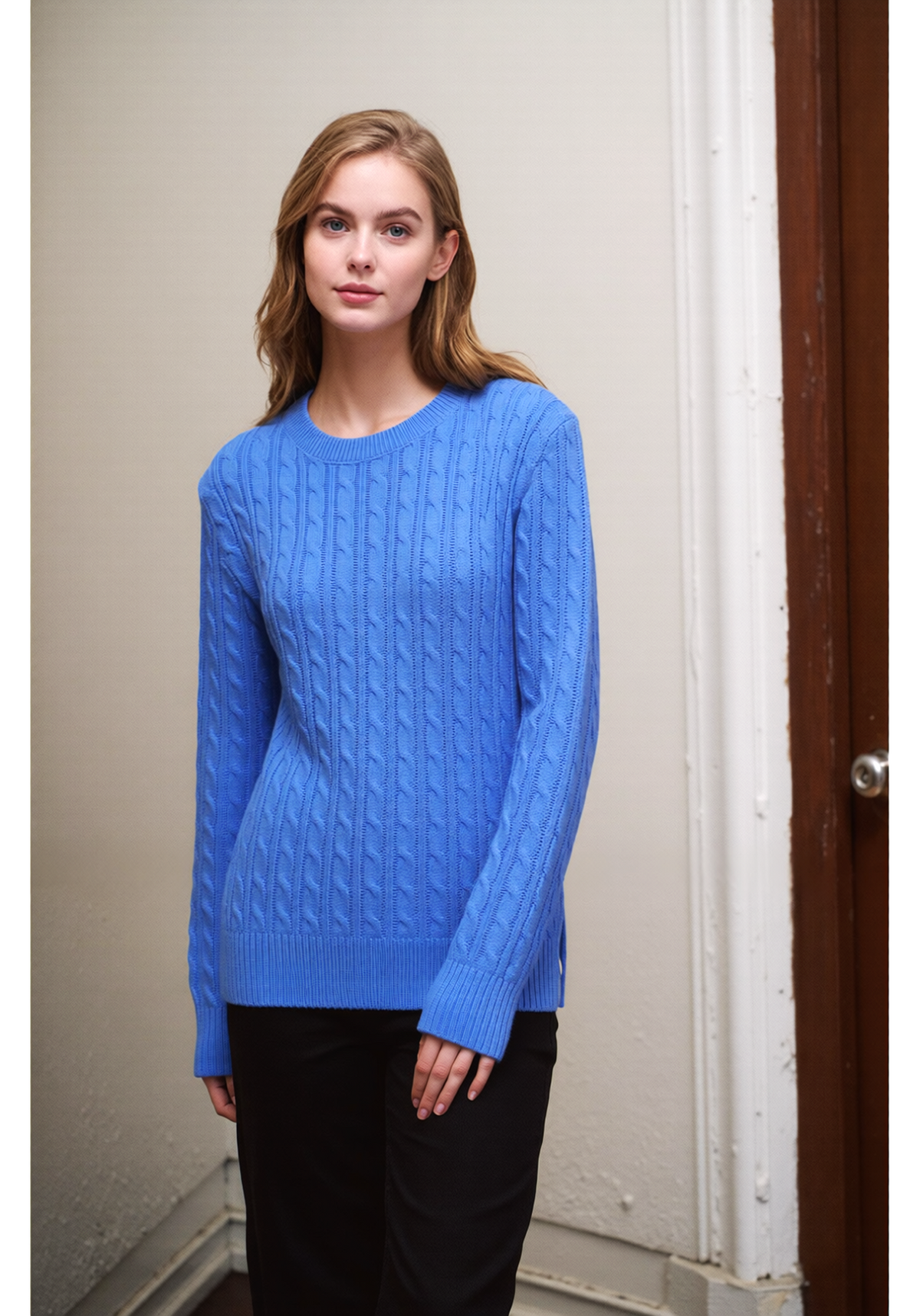Blue Round Neck Cable Knit Jumper