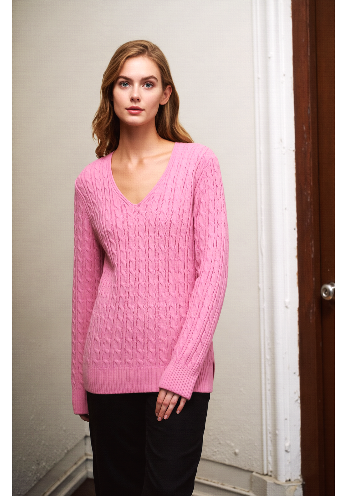 Pink V-Neck Cable Knit Jumper
