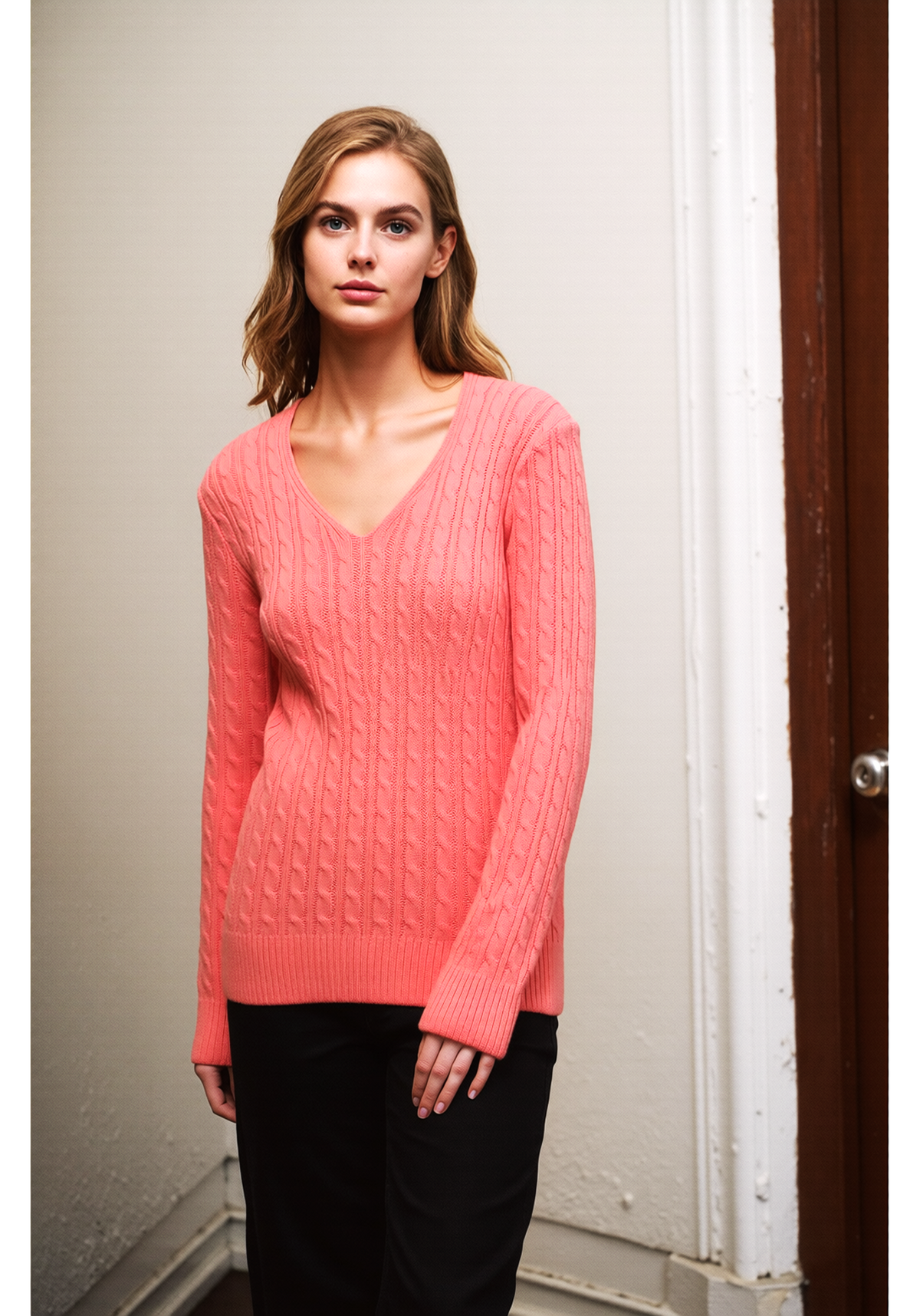 Coral V-Neck Cable Knit Jumper