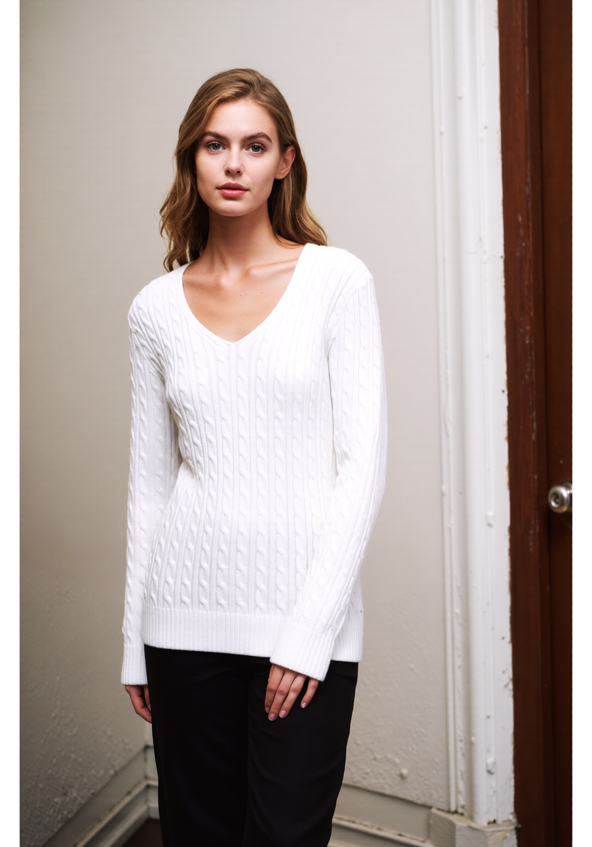 White V-Neck Cable Knit Jumper