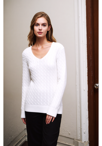 White V-Neck Cable Knit Jumper