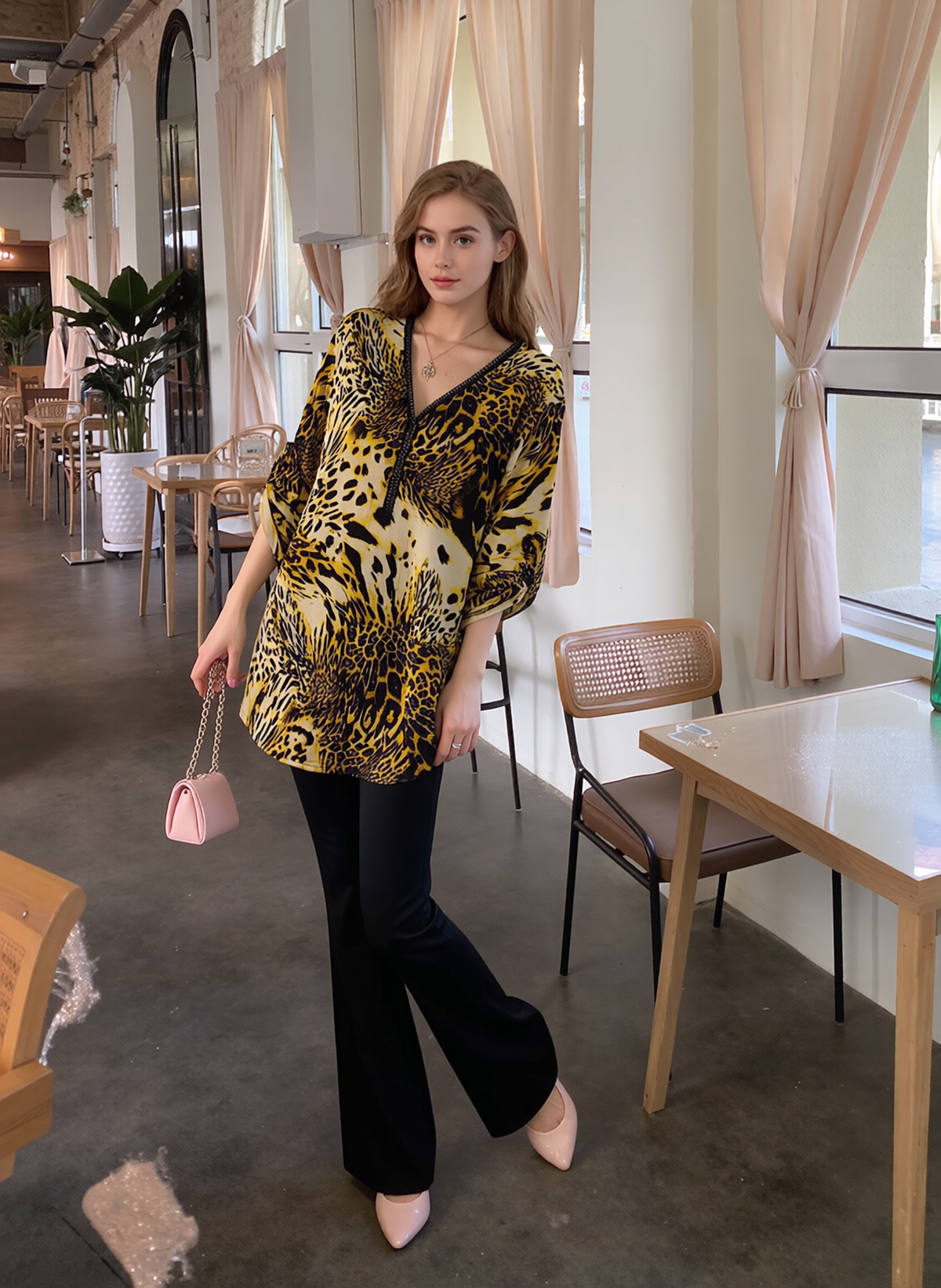 Mustard Animal Print Zip Detail Top