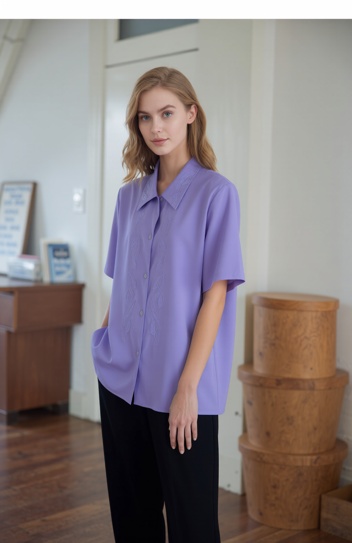 Lavender Collar Button Up Short Sleeve Blouse Top