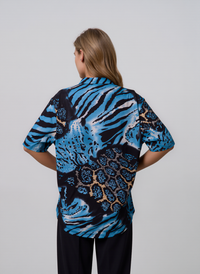 Blue Leopard Print Short Sleeves Top