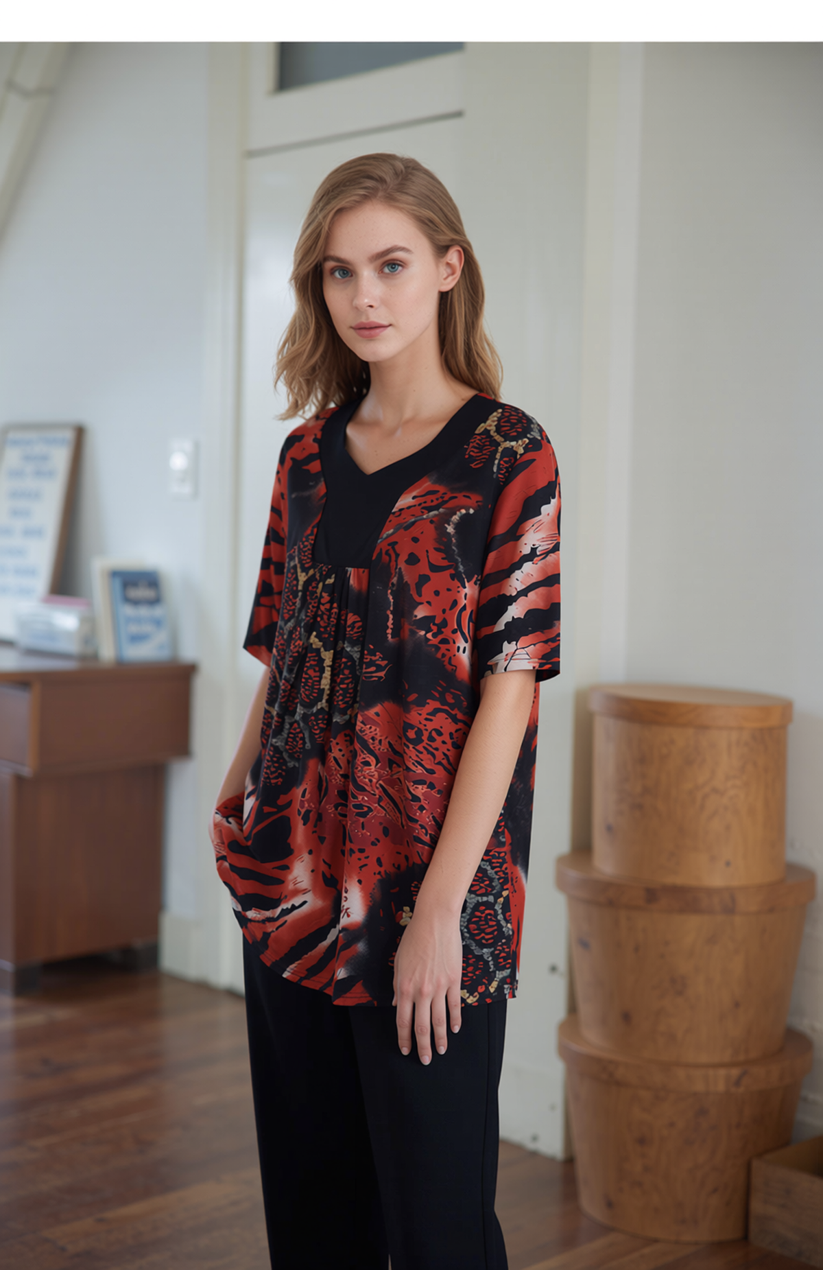 Red Leopard Print Short Sleeves Top