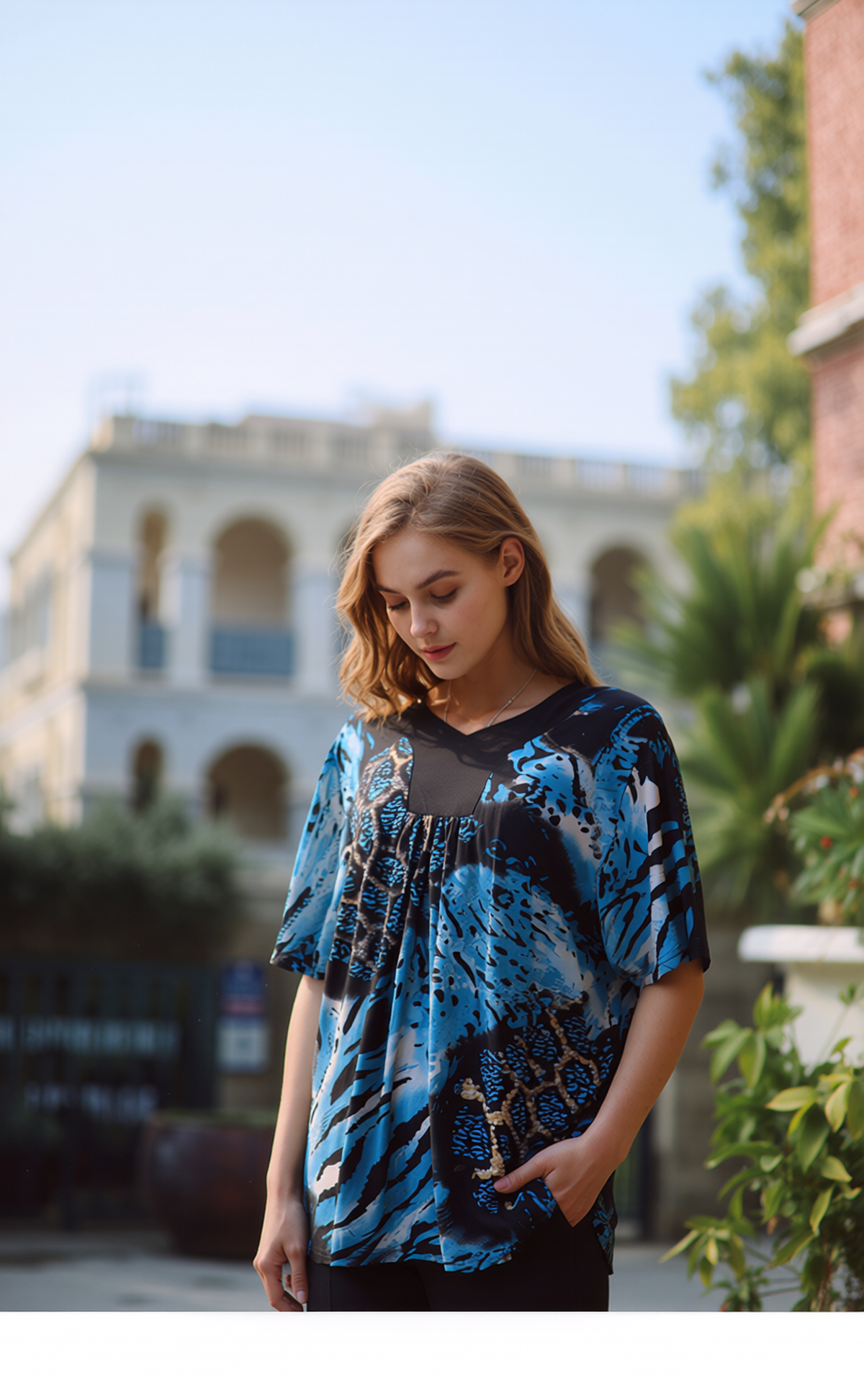 Blue Leopard Print Short Sleeves Top