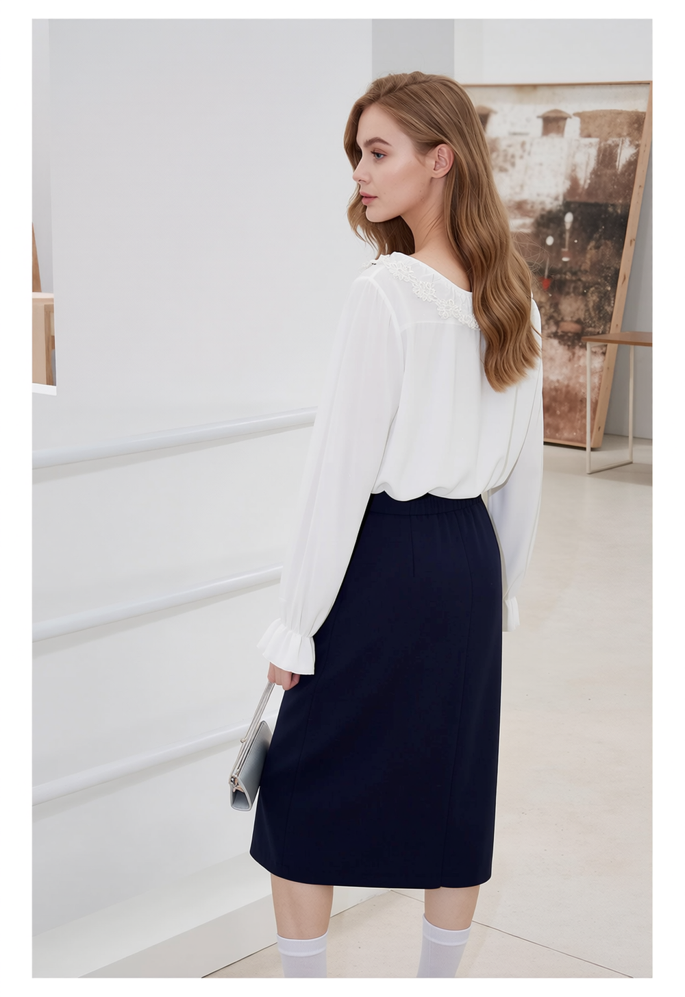 Navy Elasticated Straight Skirt