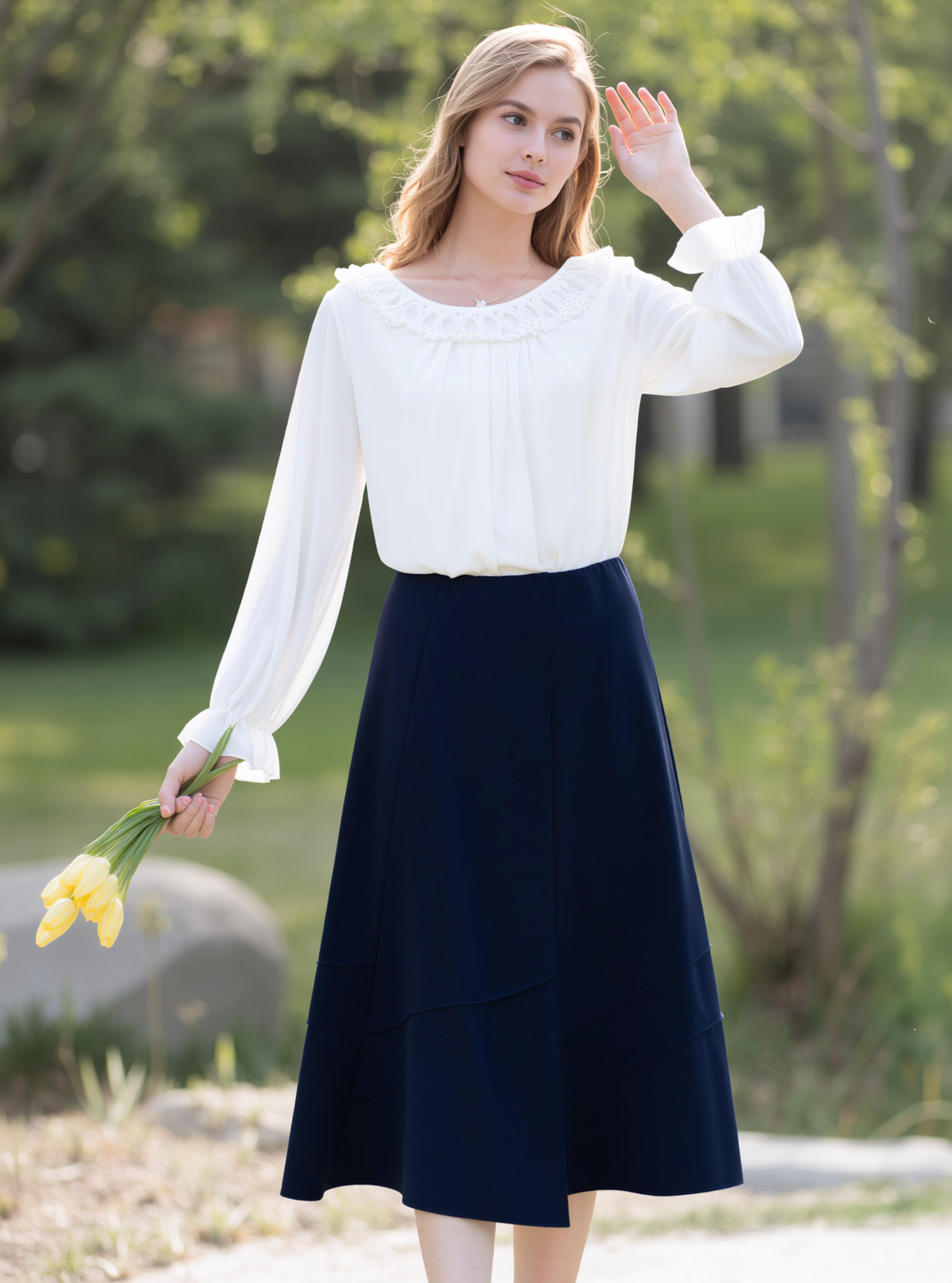 Navy Lined Elasticated A-Line Skirt