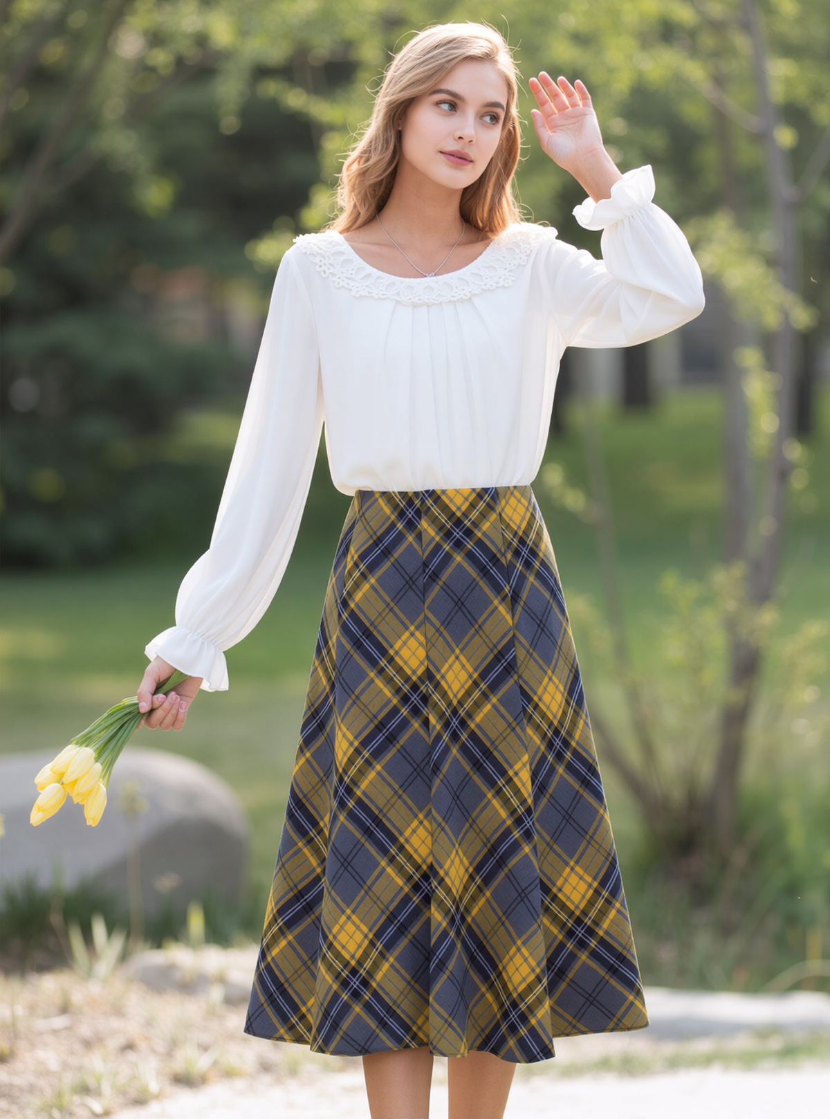 Grey & Yellow Elasticated Lined A-Line Checked Tartan Skirt