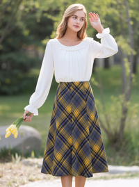 Grey & Yellow Elasticated Lined A-Line Checked Tartan Skirt