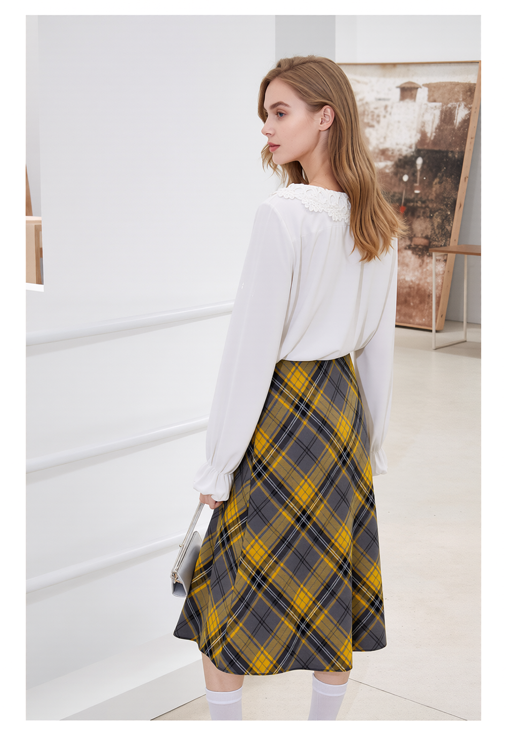 Grey & Yellow Elasticated Lined A-Line Checked Tartan Skirt