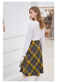 Grey & Yellow Elasticated Lined A-Line Checked Tartan Skirt