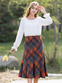 Grey & Orange Elasticated Lined A-Line Checked Tartan Skirt