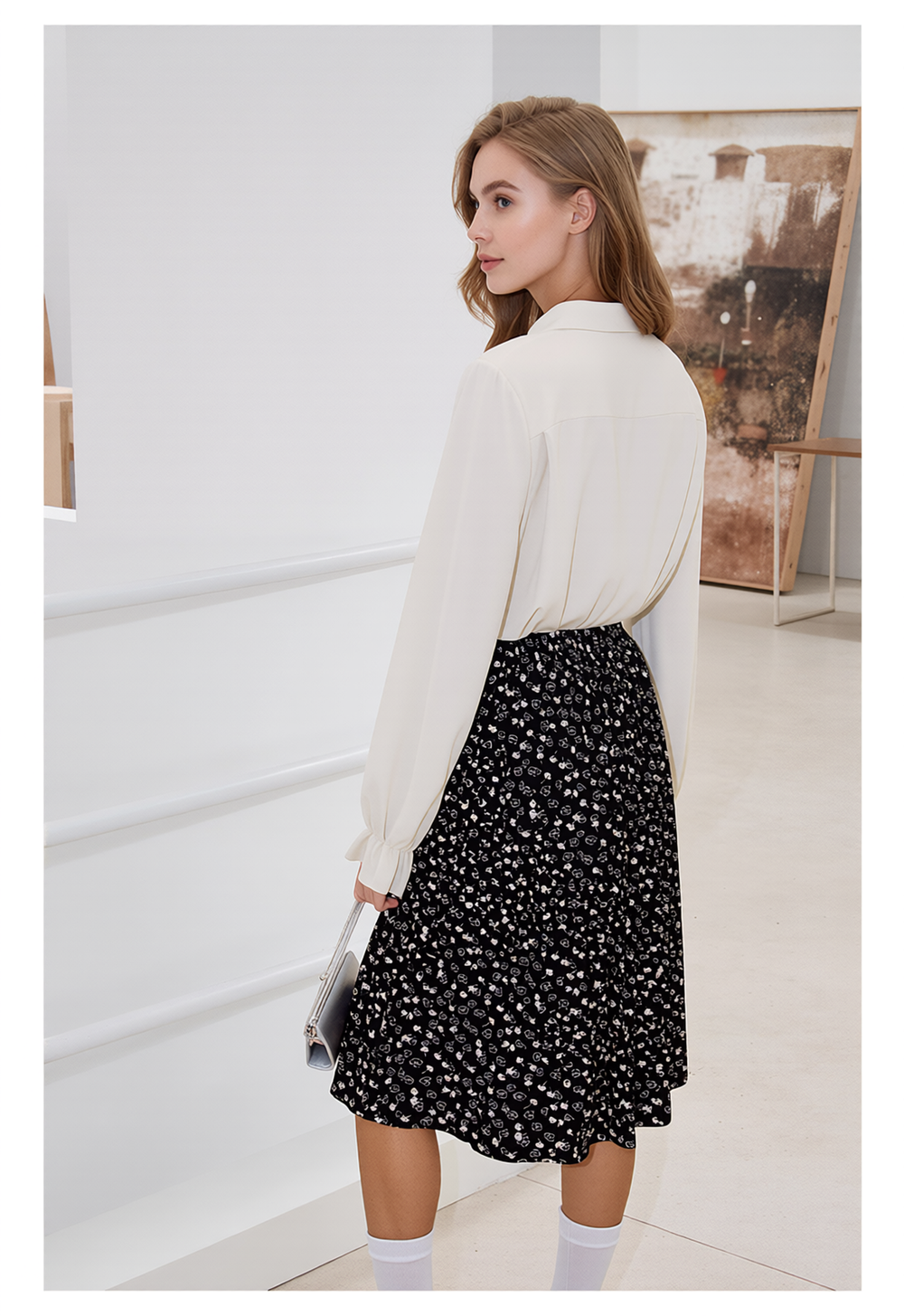 Black & White Floral Pattern Elasticated Skirt