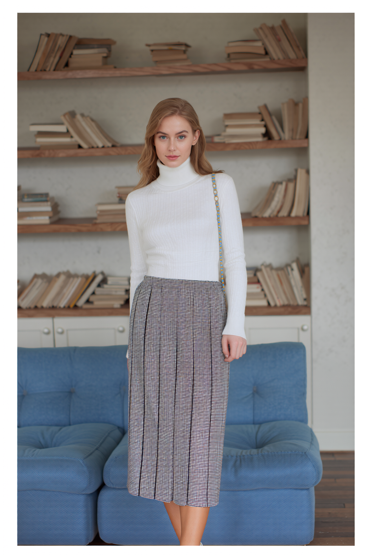 White Pull On Elasticated Check Pleated Skirt