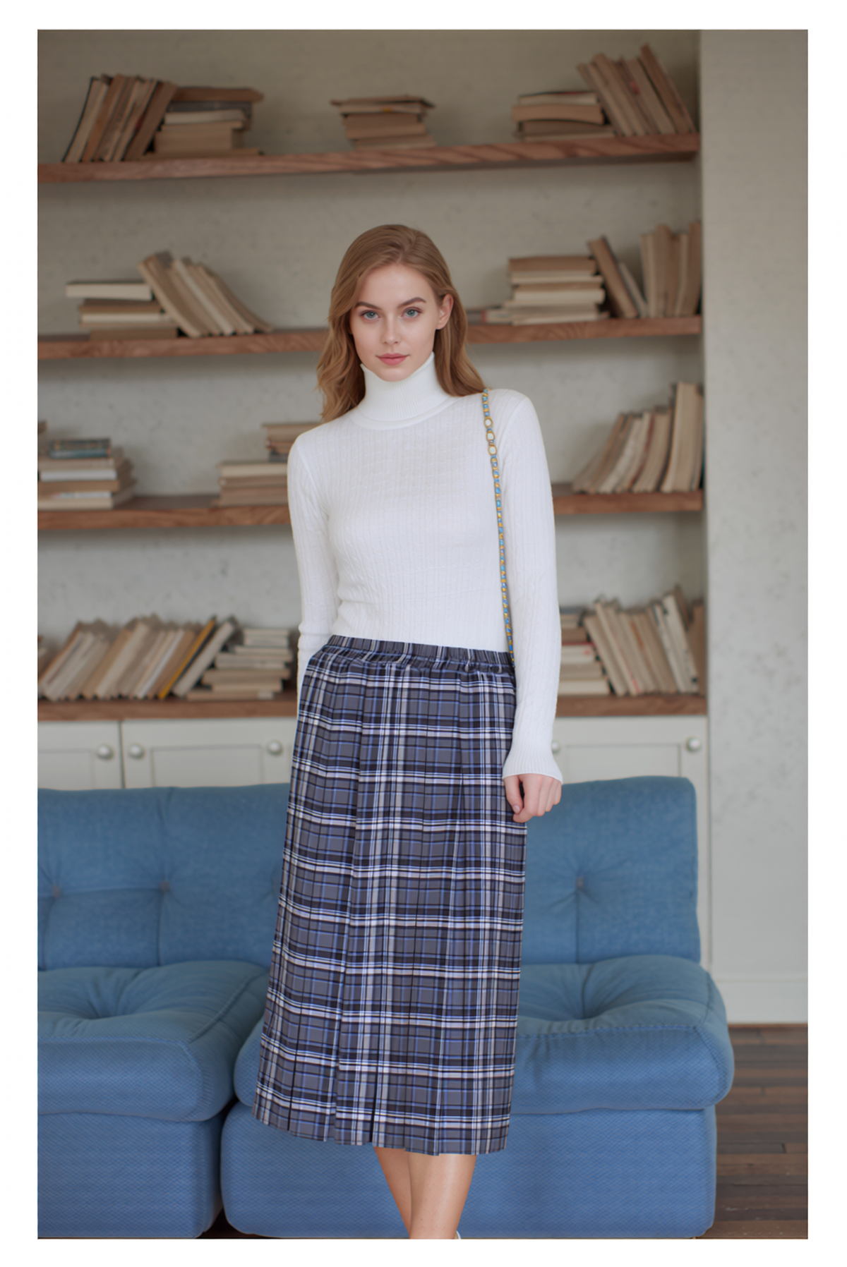Blue Pull On Elasticated Check Pleated Skirt
