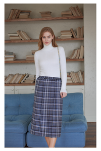 Blue Pull On Elasticated Check Pleated Skirt