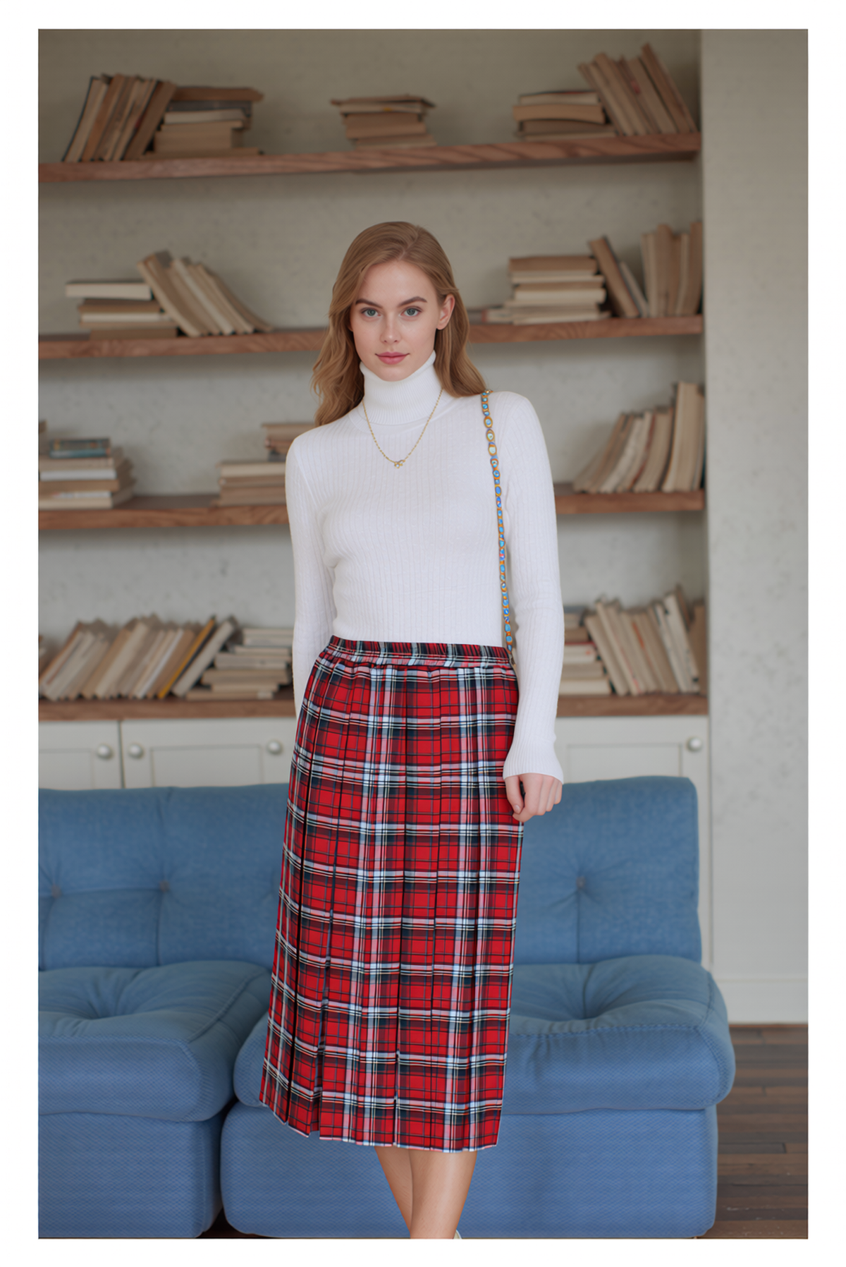 Red Pull On Elasticated Check Pleated Skirt