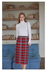 Red Pull On Elasticated Check Pleated Skirt