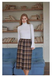 Brown Pull On Elasticated Check Pleated Skirt