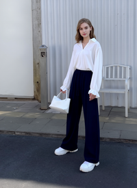 Navy Wide Leg Trousers with Elastic Waist