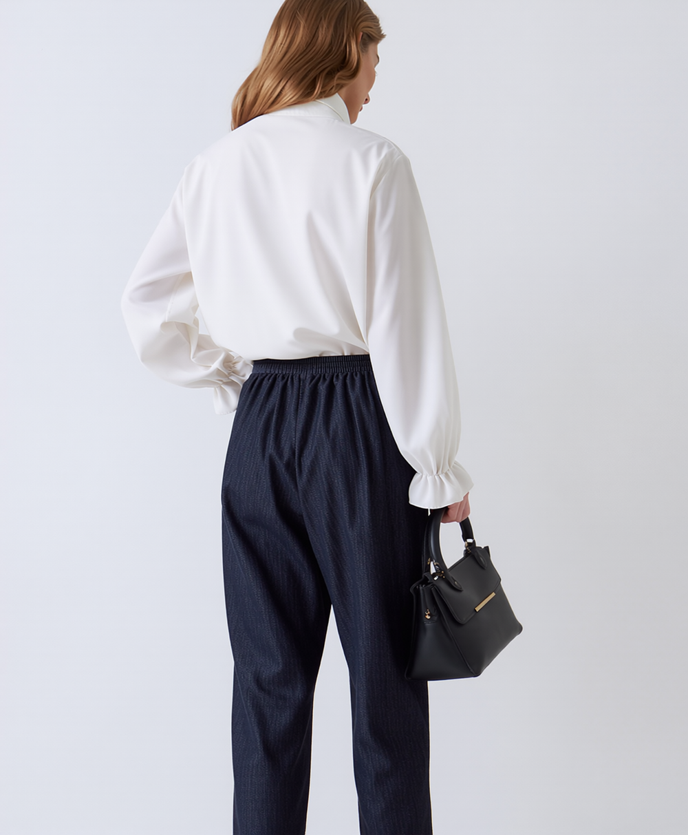 Navy Wide Leg Trousers with Elastic Waist