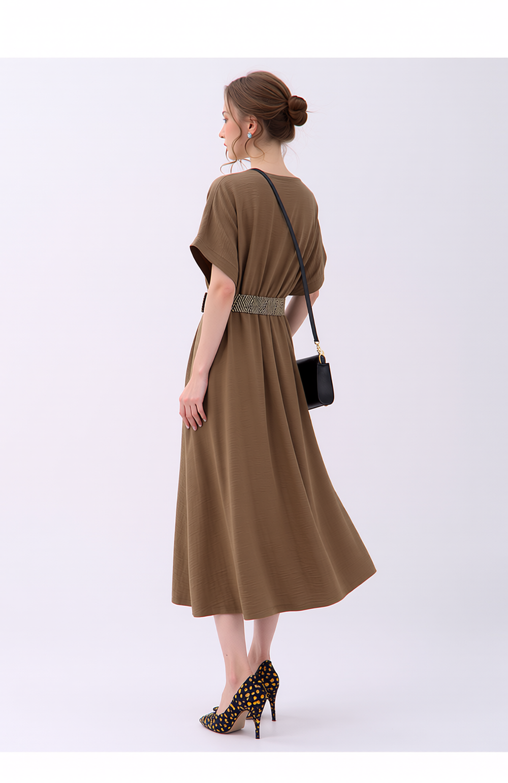 Women's Relaxed Fit Midi Dress with Short Sleeves & V-Neck - Comfortable Khaki Brown Tunic
