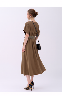 Women's Relaxed Fit Midi Dress with Short Sleeves & V-Neck - Comfortable Khaki Brown Tunic