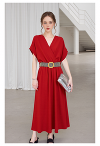 Vibrant Red V-Neck Midi Dress for Women | Loose Fit Dolman Sleeves | Elegant & Comfortable