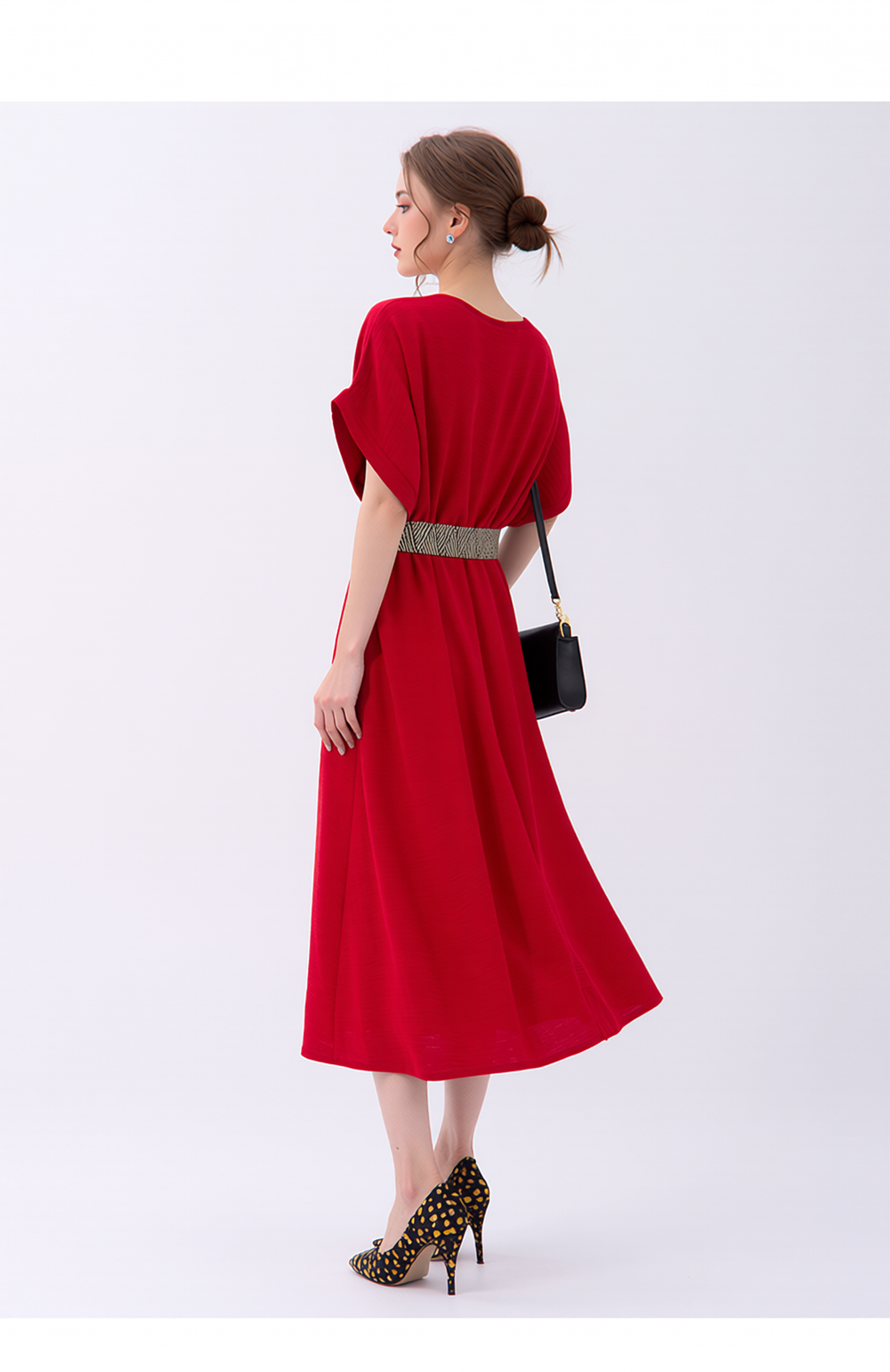 Vibrant Red V-Neck Midi Dress for Women | Loose Fit Dolman Sleeves | Elegant & Comfortable