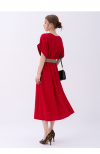 Vibrant Red V-Neck Midi Dress for Women | Loose Fit Dolman Sleeves | Elegant & Comfortable