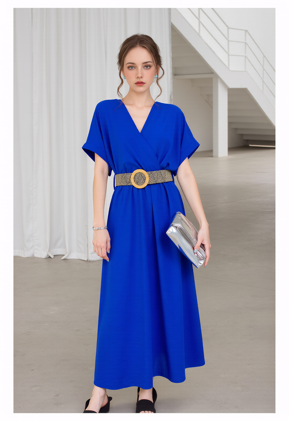 Women's Elegant Royal Blue V-Neck Midi Dress | Flowy Cap Sleeve Summer & Spring Dress