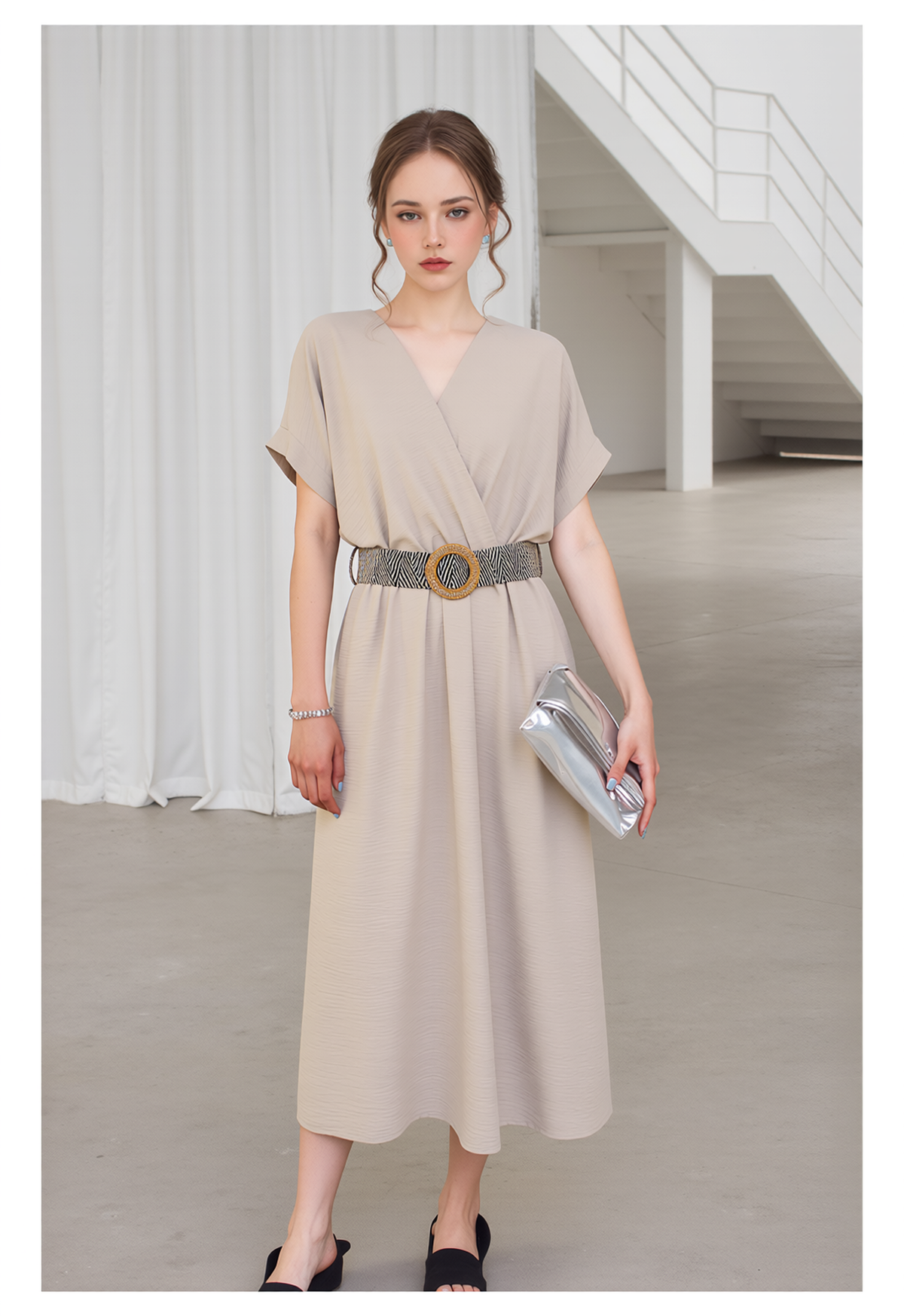 Women's Elegant Beige V-Neck Midi Dress | Relaxed Short Sleeve Fit & Flare Casual Summer Dress
