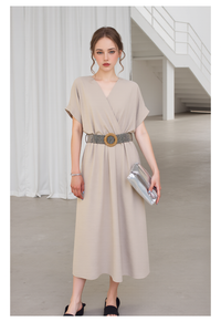 Women's Elegant Beige V-Neck Midi Dress | Relaxed Short Sleeve Fit & Flare Casual Summer Dress