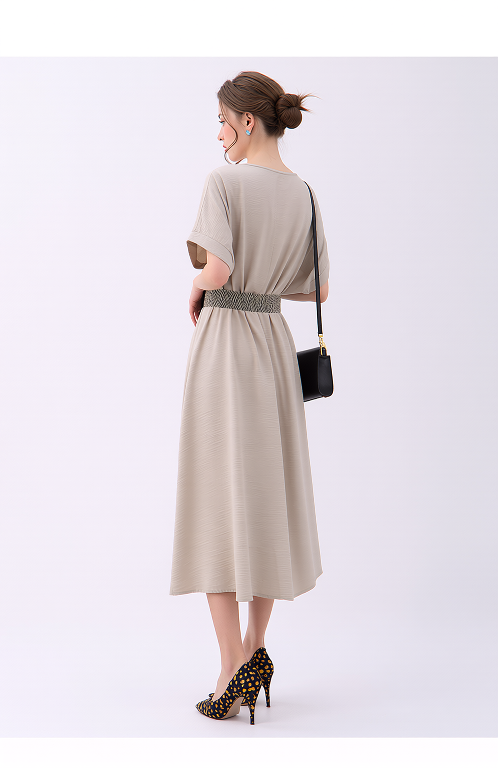 Women's Elegant Beige V-Neck Midi Dress | Relaxed Short Sleeve Fit & Flare Casual Summer Dress