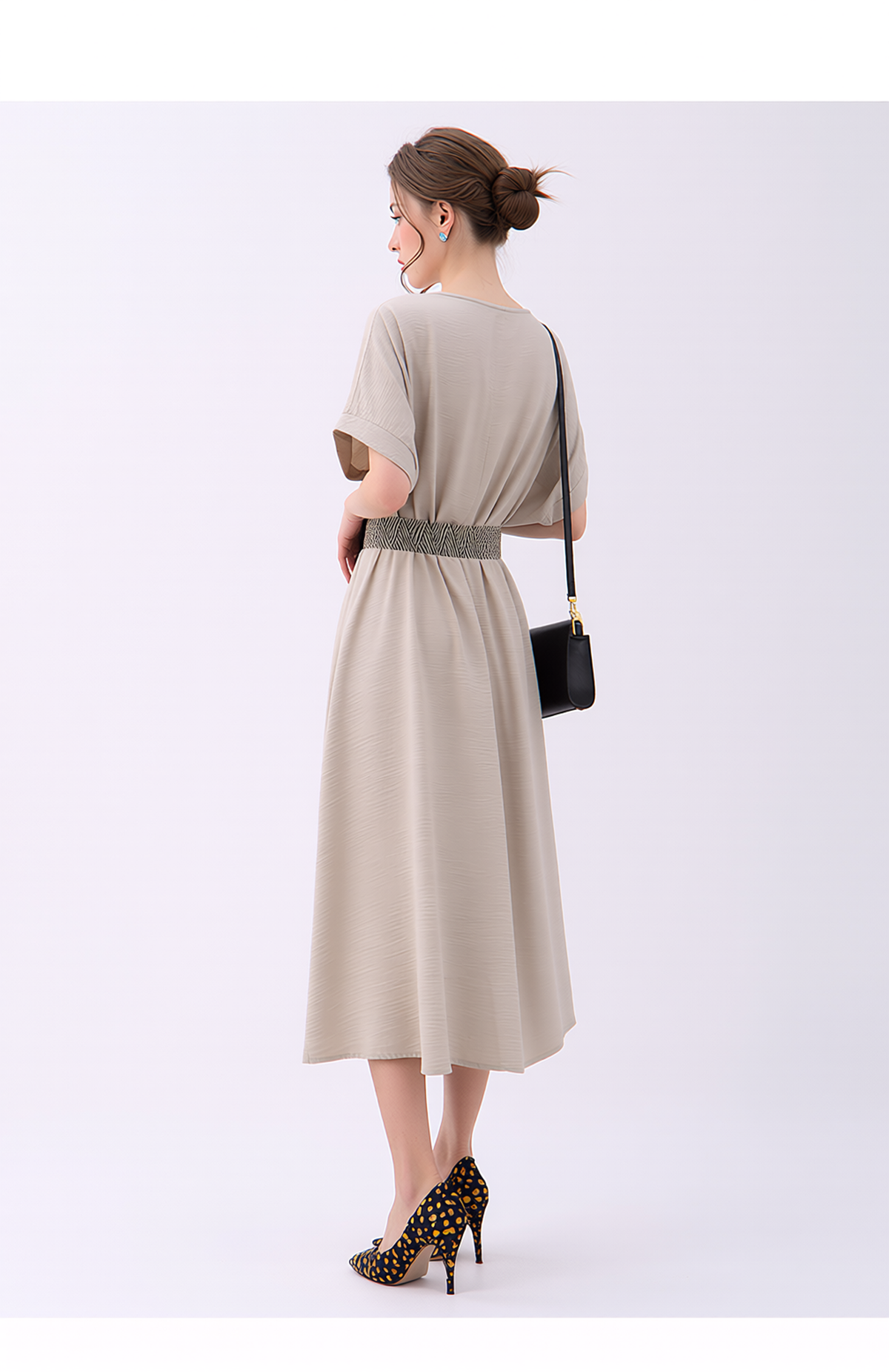 Women's Elegant Beige V-Neck Midi Dress | Relaxed Short Sleeve Fit & Flare Casual Summer Dress