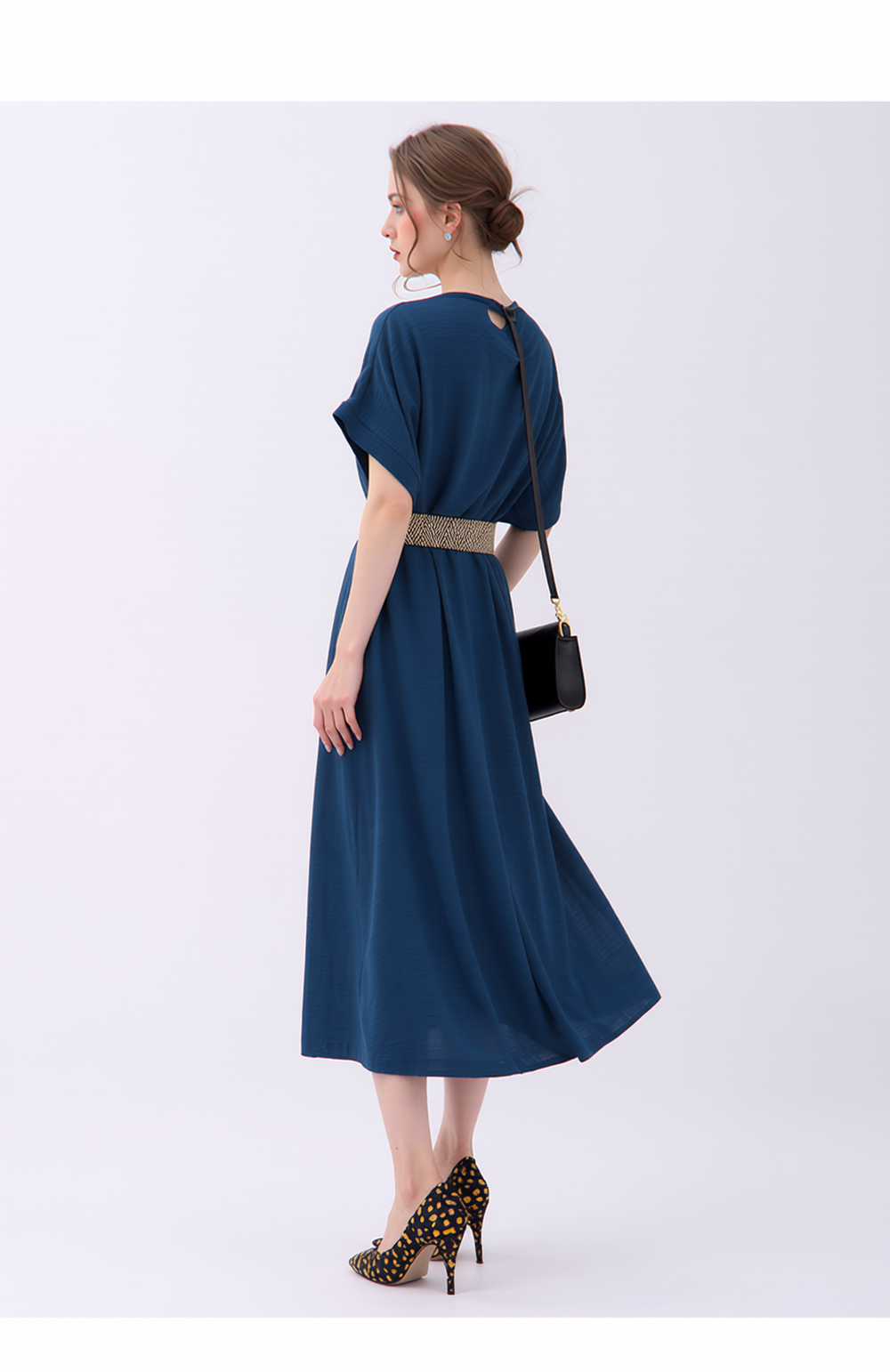 Elegant Teal Blue V-Neck Midi Dress for Women - Short Sleeve Flowy A-Line Wrap Casual & Business Attire