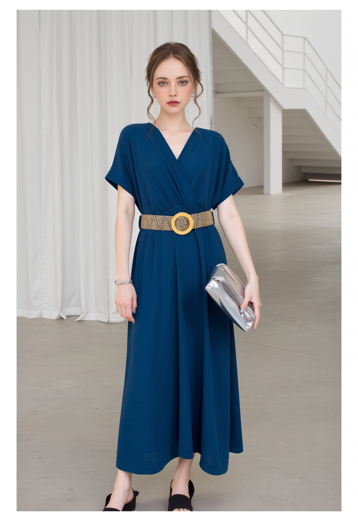 Elegant Teal Blue V-Neck Midi Dress for Women - Short Sleeve Flowy A-Line Wrap Casual & Business Attire