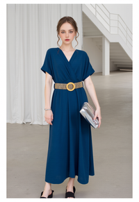 Elegant Teal Blue V-Neck Midi Dress for Women - Short Sleeve Flowy A-Line Wrap Casual & Business Attire