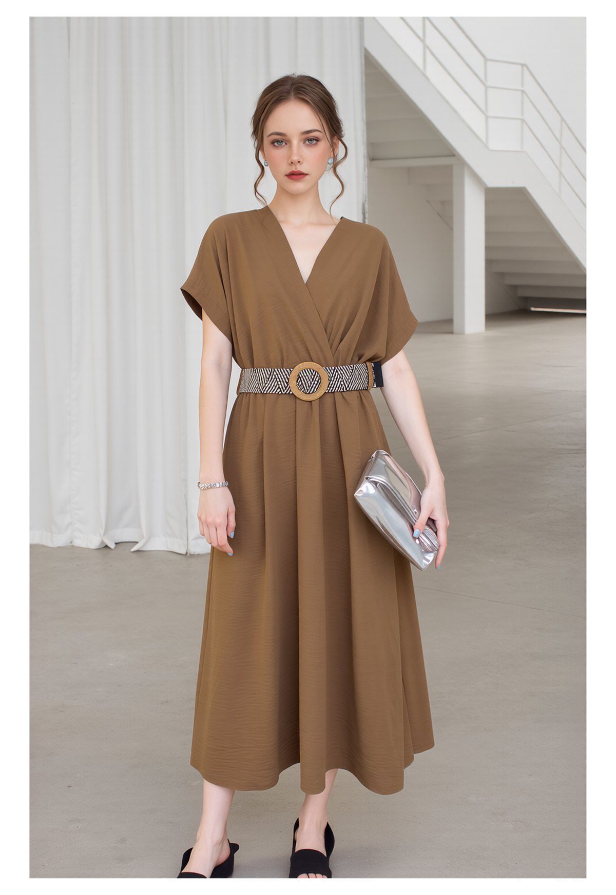 Women's Relaxed Fit Midi Dress with Short Sleeves & V-Neck - Comfortable Khaki Brown Tunic