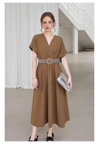 Women's Relaxed Fit Midi Dress with Short Sleeves & V-Neck - Comfortable Khaki Brown Tunic