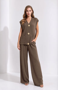 Taupe Crinkle Two Piece Set Gold Button Waistcoat & Wide Leg Trousers