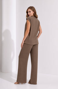 Taupe Crinkle Two Piece Set Gold Button Waistcoat & Wide Leg Trousers
