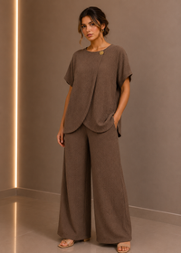 Taupe Draped Tunic & Wide Leg Trouser Two Piece Set