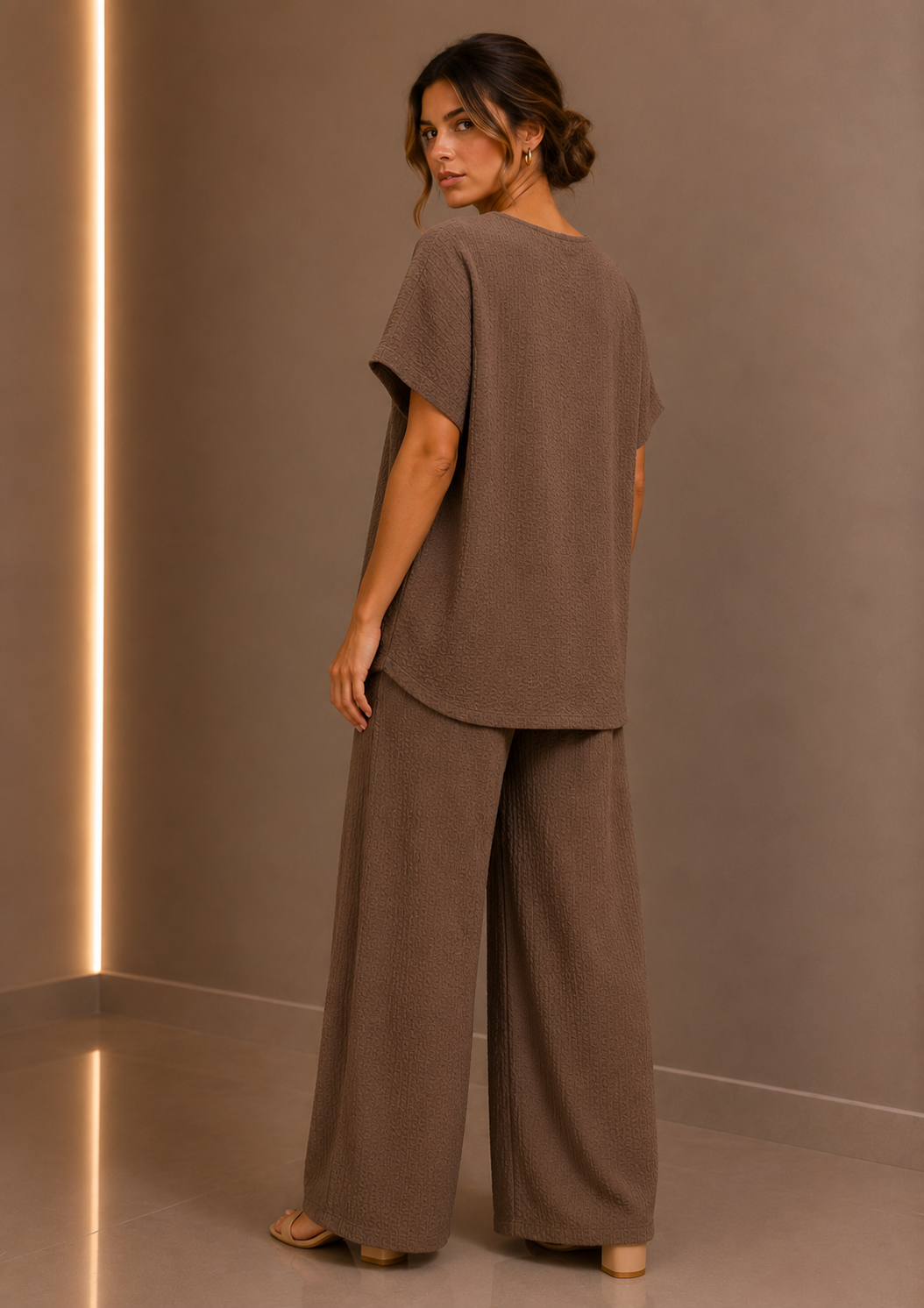 Taupe Draped Tunic & Wide Leg Trouser Two Piece Set