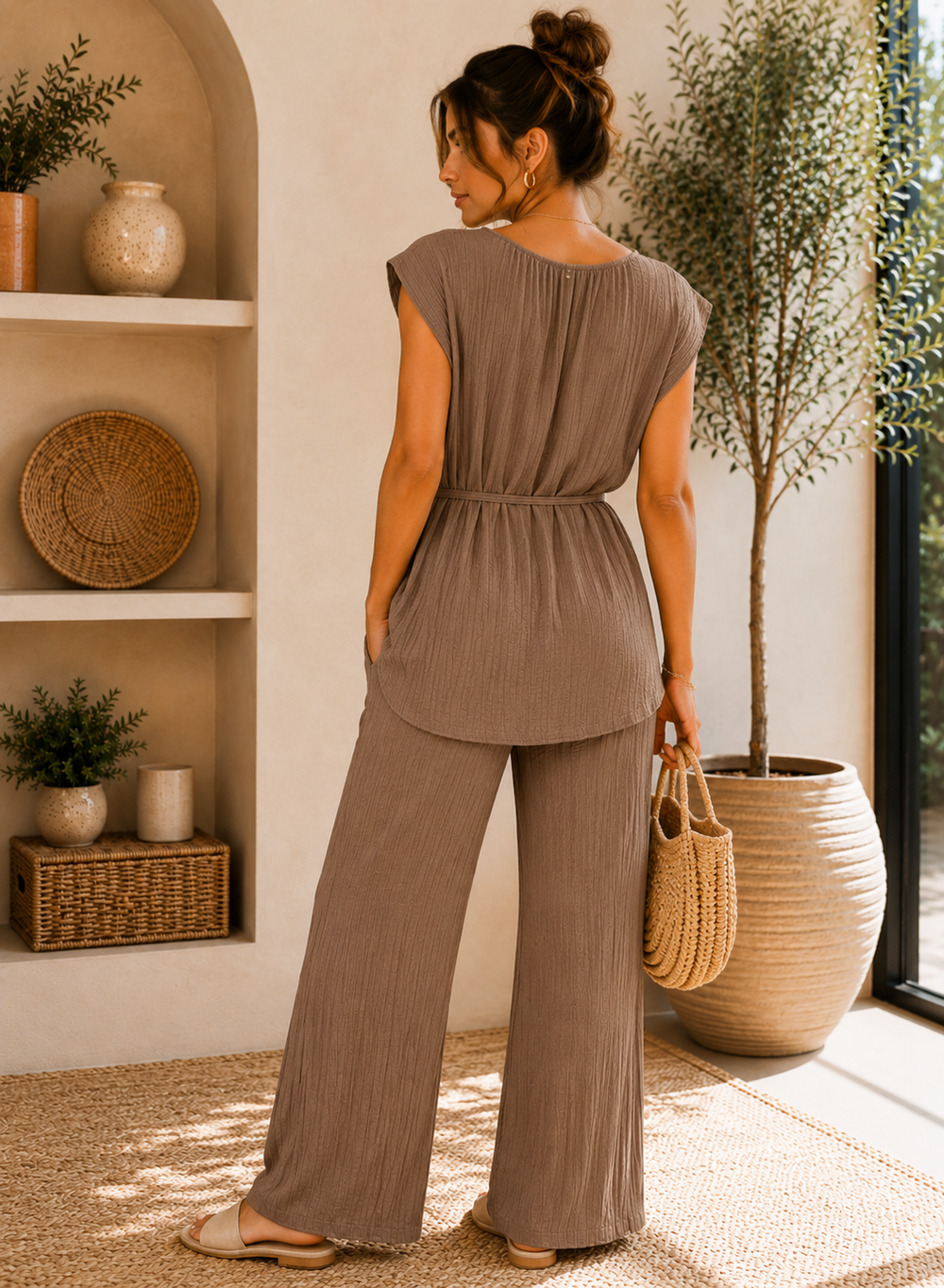 Taupe Pleated Wide Leg Co-Ord Set Lightweight Summer Two Piece Outfit